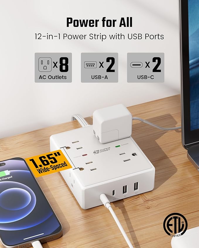 SUPERDANNY Extension Cord,Flat Plug Surge Protector Power Strip,20Ft | 8 AC & 4 USB Ports (2 USB C),Surge Protector with 1050J,Desk Charging Station for Home Office,College Dorm Room Essentials - Image 3