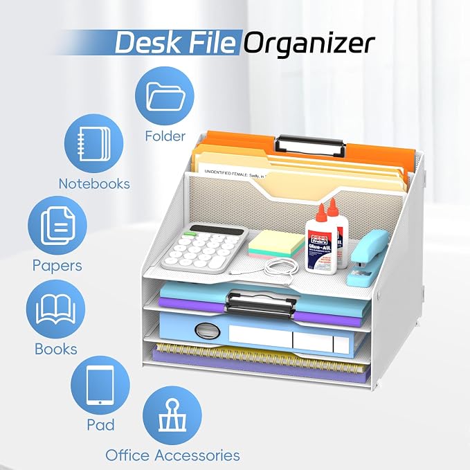 Desk File Organizer, 4 Letter Trays and 2 Upright Sections, White | Paper Organizer for Desk with Tiered Letter Trays and Vertical File Holders for Home Office, School and Workspace Use - Image 4