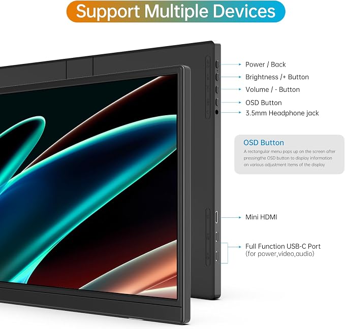 MNN Portable Monitor 14 inch FHD 1920 * 1200P USB C HDMI Ultra-Slim IPS Travel Display w/Speakers, HDR Plug&Play, External Monitor for Laptop PC, Phone,Mac(400cd/m² Brightness) | 14" 16:10 1200p IPS 400nit HDR, USB-C/HDMI, speakers, ultra-slim, plug&pl... - Image 5