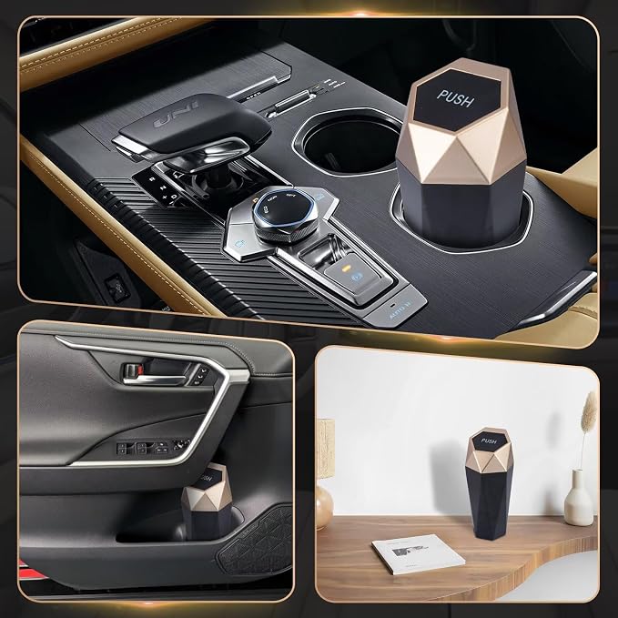 BFXM Car Trash Can, 2 Pack Car Trash Bin with Lid, Car Accessories for Women Interior, Car Garbage Can with Additional 2 ABS Hooks and 60pcs Trash Bags, Suitable for Home, Office, Car Organizer, Gold - Image 5