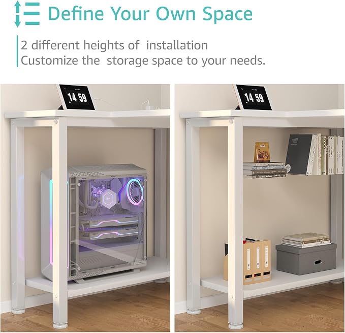 Lufeiya White L Shaped Desk with Drawers & Storage Shelves, 55 Inch Corner Computer Desk with Power Outlet for Home Office Bedroom, L-Shaped Teen PC Desks with Fabric Drawer, White - Image 8