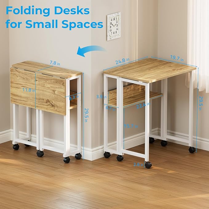GreenForest Folding Desk with Wheels, 24.8" Rolling Table for Small Spaces | Storage Shelf, Lockable Casters, Compact Portable Workstation, Space-Saving Foldable Sofa Table, Home Office, Mobile, Oak - Image 3