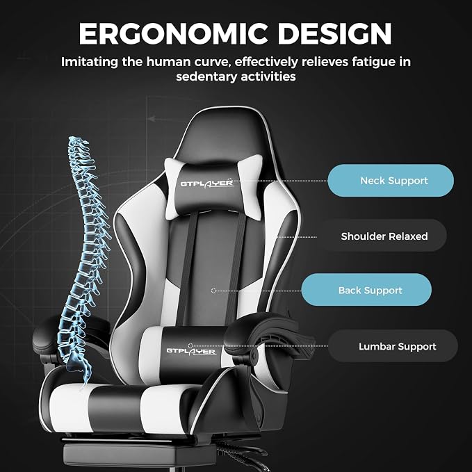 GTPLAYER Gaming Chair, Computer Chair with Footrest and Lumbar Support, Height Adjustable Game Chair with 360°-Swivel Seat and Headrest and for Office or Gaming (Pearl White) - Image 4