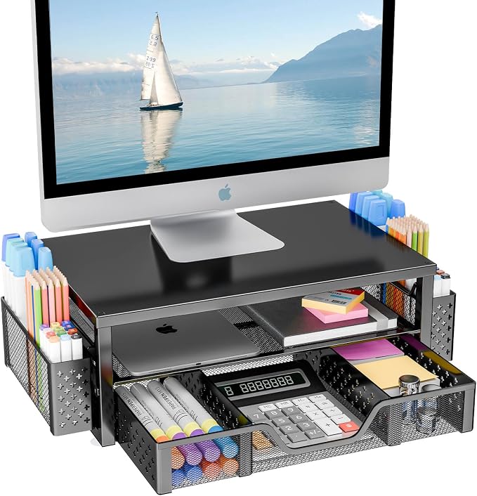 Simple Trending 2-Tier Monitor Stand Riser, Drawer & 2 Pen Holders, Black | Sturdy Material, Anti‑Slip Pads, Ergonomic Support, Space Saving, Easy Setup by SimpleTrending