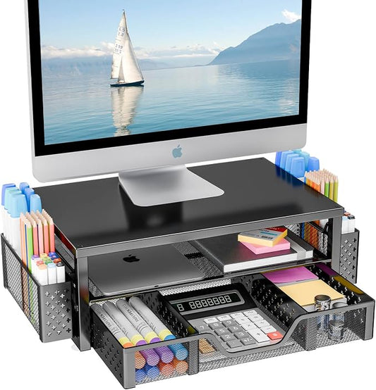 Simple Trending 2-Tier Monitor Stand Riser, Drawer & 2 Pen Holders, Black | Sturdy Material, Anti‑Slip Pads, Ergonomic Support, Space Saving, Easy Setup by SimpleTrending