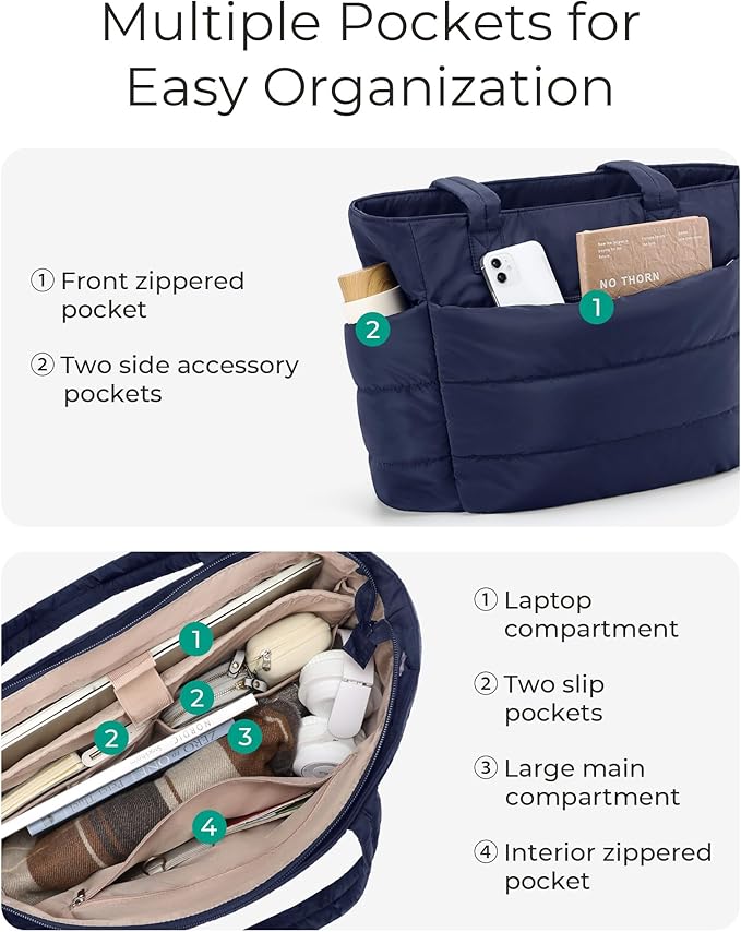 BAGSMART Tote Bag for Women, Lightweight Puffy Tote Bag with Compartments Shoulder Bag Handbag for Travel, Work, Gym | Lightweight - Image 5