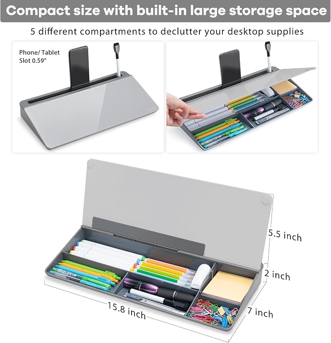 Varhomax Glass Desk Whiteboard with Storage, Desktop Organizer to-do List Memo Notepad Dry Erase White Board for Home Office and School Supplies (GrayBoard) - Image 3