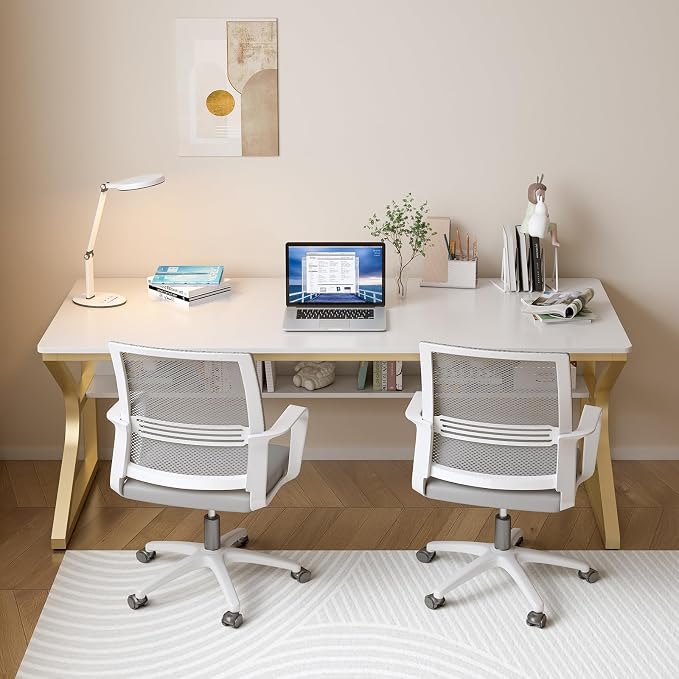 OSCHF 63-Inch Extra Long Desk with Storage Shelf, Gold | Double Long Writing Table, Space-saving, 2-Person Workstation, Modern Study Work Computer Desk, For Home Office - Image 6