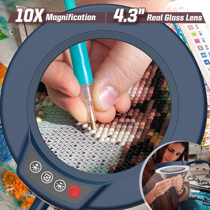 10X Magnifying Glass with Light and Stand, 5 Color Modes Stepless Dimmable LED Lighted Desk Lamp, Hands Free Flexible Gooseneck Magnifier with Light for Craft Hobby Painting Close Work - Blue - Image 2