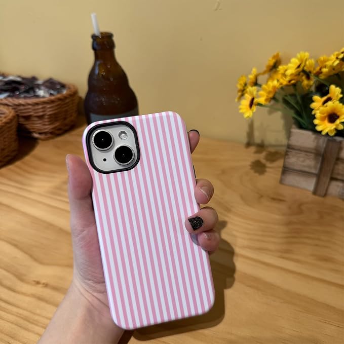 for iPhone 15 Case Striped Cute Aesthetics Phone Case Trendy Protective Shockproof Cover for iPhone 15 Pink White - Image 7