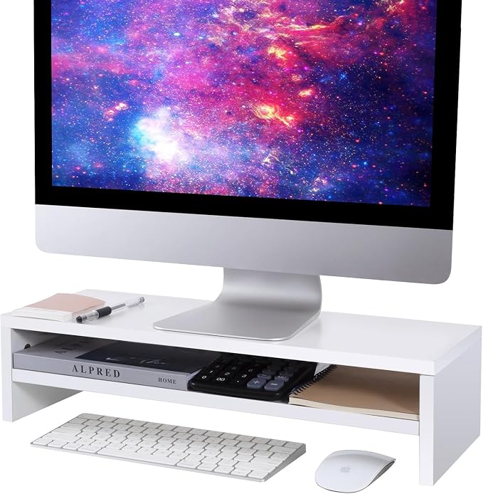 BEYGORM Monitor Stand Riser White, 21.6 inch 2 Tiers Wood Desk Shelf Computer Screen Stand with Storage for Desktop Laptop/Screen/TV/PC/Printer, Desk Shelf Organizer 21.6" L x 7.8" W x 5.2" H | For Full Keyboard, Computer Screen Stand with Storage for ... by BEYGORM