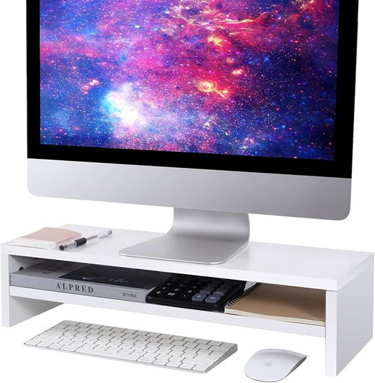 BEYGORM Monitor Stand Riser White, 21.6 inch 2 Tiers Wood Desk Shelf Computer Screen Stand with Storage for Desktop Laptop/Screen/TV/PC/Printer, Desk Shelf Organizer 21.6" L x 7.8" W x 5.2" H | For Full Keyboard, Computer Screen Stand with Storage for ... by BEYGORM