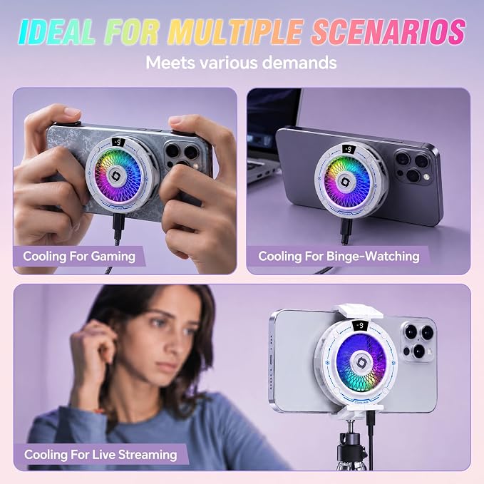 USB Phone Cooler White, Suction Airflow Design Hot Air Not Blowing Hands, Semiconductor Cooling Fan, Magnetic & Clip-On, Large Cooling Plate, 3 Gears, RGB Switchable for iPhone Android - White - Image 2