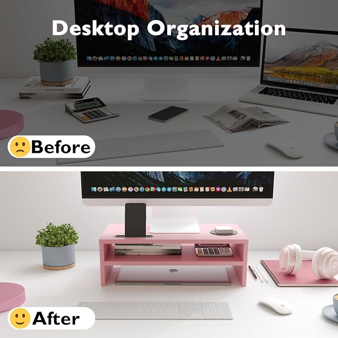 BONTEC Wooden Monitor Stand Riser, 2-Tier Desk Shelf with Storage Organizer, Ergonomic Computer Stand with Cable Management, Cellphone Holder, Pink, 16.5 Inch - Image 2