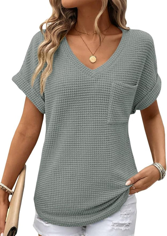 Dokotoo Womens Waffle Knit Tops 2026 Spring Summer V Neck Shirts Casual Trendy Women's Blouses Basic Tee by Dokotoo