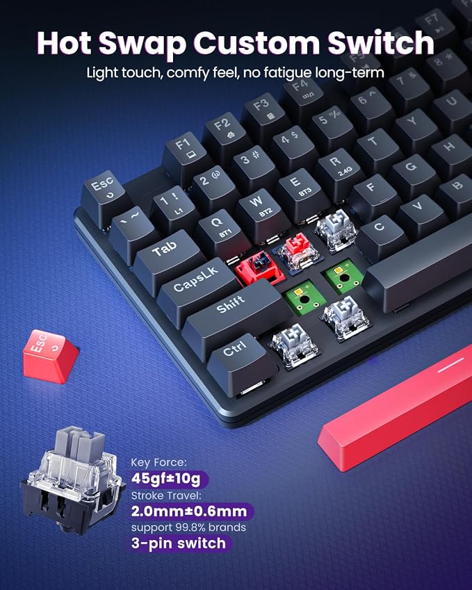 Redragon K671KS Wireless Mechanical Gaming Keyboard, Tri Mode BT/2.4G/USB-C Hot Swappable Custom Keyboard, RGB Backlit Computer Gaming Keyboards, PBT Keycaps, Programmable for PC/Tablet/MAC - Image 3
