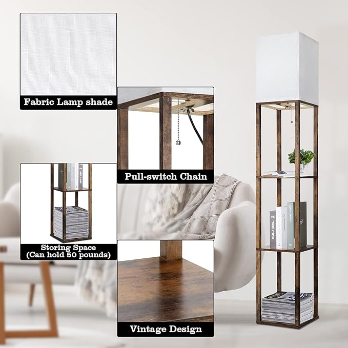RUNTOP Floor Lamp with Shelves, Modern Shelf Lamp for Display Storage, 3 Color Temperature Wood Narrow Standing Corner Lamp with 8W Bulb for Living Room Decor, Bedroom, Office, Home Decor(Brown) - Image 6