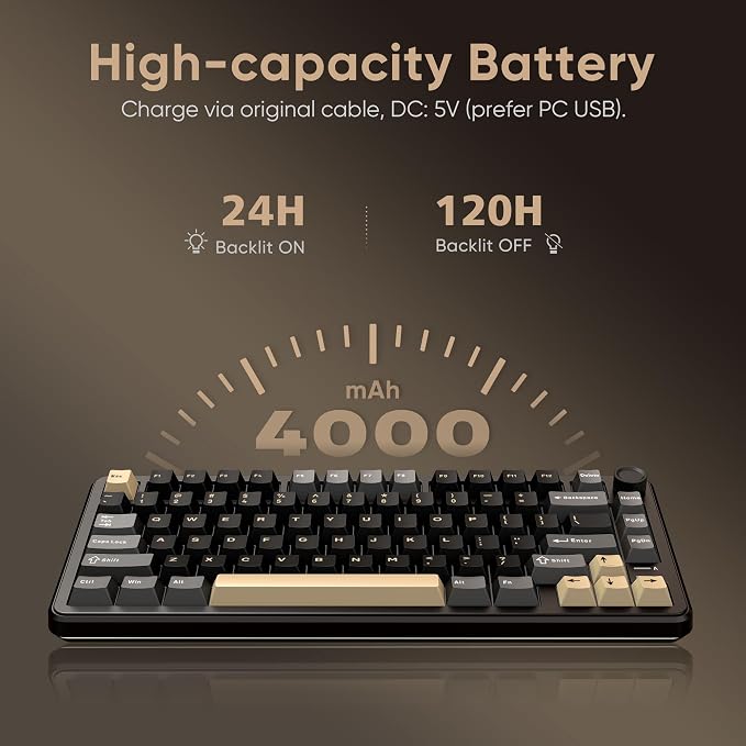 RedThunder K75 Wireless Mechanical Keyboard, CNC Knob, Tri-Mode BT5.0/2.4GHz/USB-C Hot Swappable Custom, Pre-lubed Linear Coconut Switches, Gasket Structure, RGB Gaming Keyboard, Black-Gold - Image 7