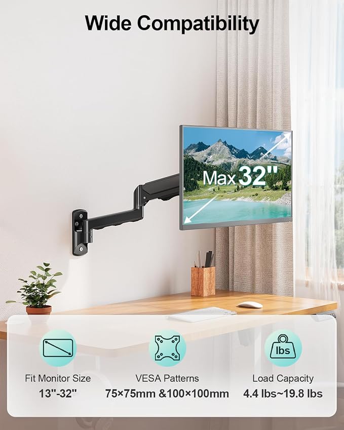 MOUNT PRO Monitor Wall Mount for 13 to 32 Inch Computer Screens, Single Monitor Mount with Tilt/Swivel/Rotation Adjustable, Gas Spring Wall Arm Holds up to 19.8lbs, Vesa Wall Mount 100x100 - Image 2
