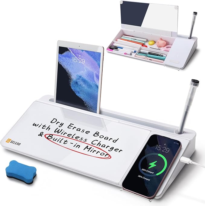 SELEAD Desktop Glass Whiteboard with Wireless Charger & Built-in Mirror, Dry Erase Board Computer Pad Keyboard Stand with Organizer for Home, School, Office Desk Accessories, White by SELEAD