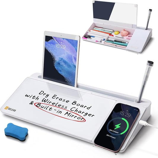 SELEAD Desktop Glass Whiteboard with Wireless Charger & Built-in Mirror, Dry Erase Board Computer Pad Keyboard Stand with Organizer for Home, School, Office Desk Accessories, White by SELEAD