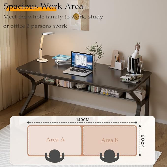 OSCHF 55-Inch Extra Long Desk with Storage Shelf, Black | Double Long Writing Table, Space-saving, 2-Person Workstation, Modern Study Work Computer Desk, For Home Office - Image 3