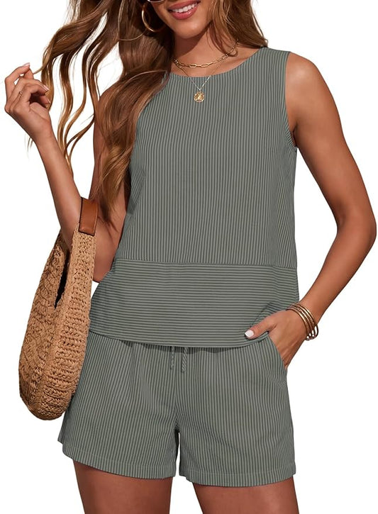 LOMON Women's Trendy 2 Piece Outfits Shorts Sets Summer Crew Neck Sleeveless Tank Top and Bottom Matching with Pockets 2026 by LOMON