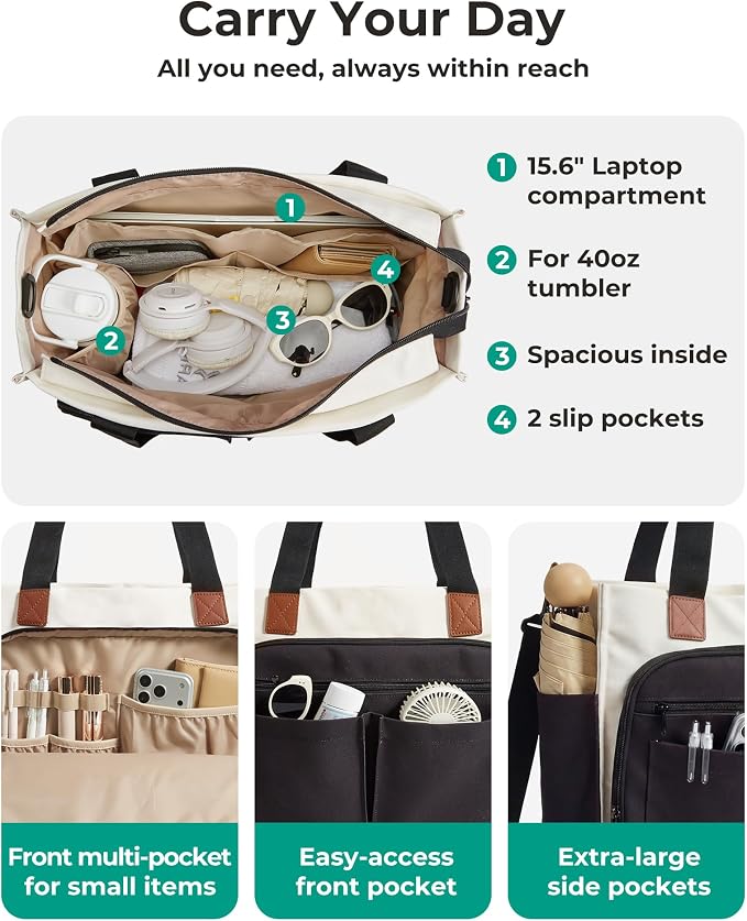 BAGSMART Small Tote Bag for Women, 13'' Laptop Canvas Work Bag with Zipper | 30oz/40oz Tumble & 11 Pockets Travel Tote, Teachers/Nurses, Lightweight Canvas or Water-Resistant Puffer Taslon Crossbody Bag - Image 4