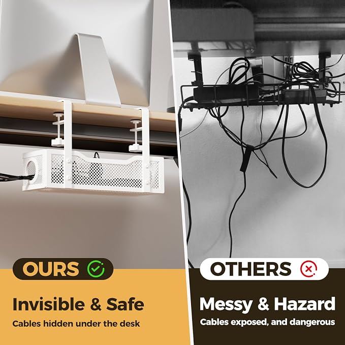 2 Pack Under Desk Cable Management Box White, Cinati 26.8" Wire Organizers No Drill, Cord Organization Tray with Clamp for Office, Home - No Damage to Desk - Image 3