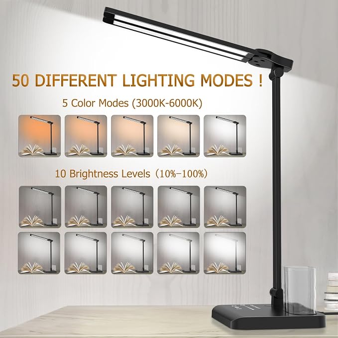 Dimmable LED Desk Lamp with USB Charging Port, 50 Lighting Modes Dual Swing Arm Architect Table Lamp Light Desk Lamp for Home Office Dorm Piano Nail - Image 4