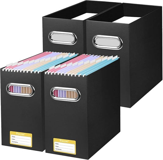 BALEINE File Organizer Box, Cardboard File Folder Organizer with Handle for Letter Size, Portable Collapsible Hanging Filing Box for Home Office Document Storage (4 Pack, Black) by BALEINE