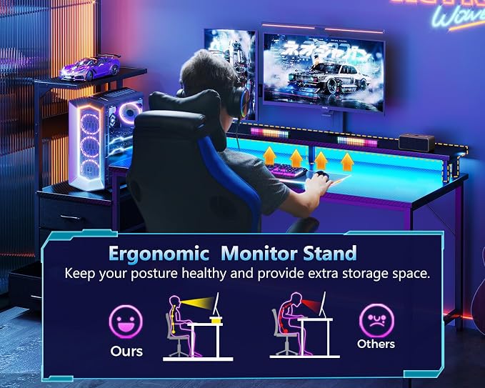 AODK Gaming Desk w/PC Showcase Stand, 59" Reversible, RGB LED, Black | Elevated stand fits Lian Li O11, Hyte Y60. Triple drawers hide cables, controllers, clutter - Image 6