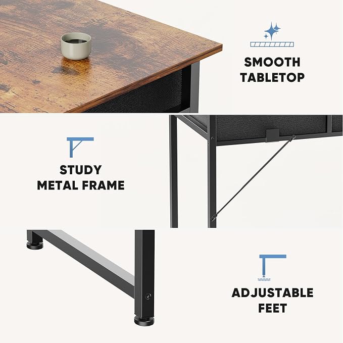 DUMOS 32-Inch Small Computer Desk with Drawers, Hook and Side Bag, Brown | Home Office Desk for Bedroom, Gaming Writing Study Desk with Adjustable Feet - Image 6