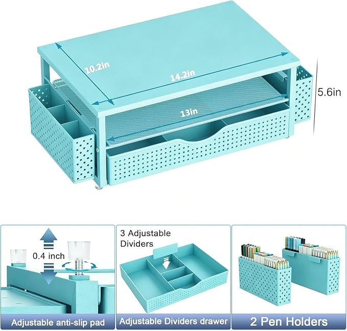 Spacrea Desk Organizer and Accessories, Computer Monitor Stand Riser with Drawer and 2 Pen Holders, Office Desk Accessories & Workspace Organizers for Office Supplies (Blue) - Image 5