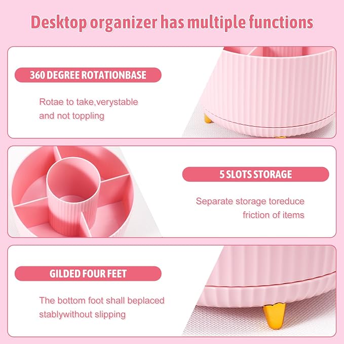 Gawsey Pink Desk Organizers and Accessories with Desk Organizer 360° Rotating Pen Holder and Office Supplies, Cute Stationery Supplies Set - Image 4