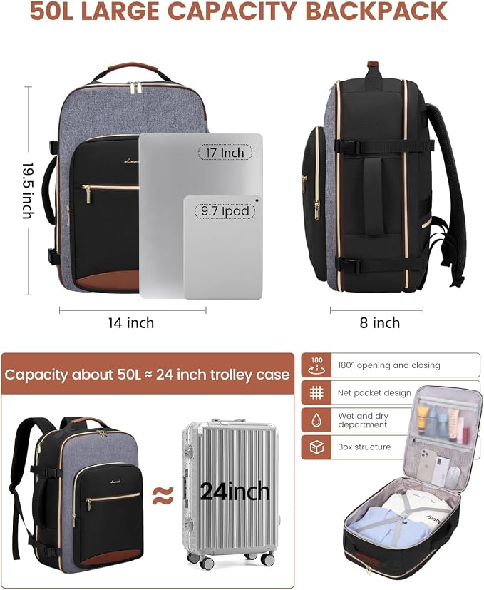 LOVEVOOK 50L Travel Backpack for Women & Men, Airline Approved Carry On Luggage with 3 Packing Cubes, TSA Overnight Bags, Waterproof Personal Item Bag, Weekender Essentials Backpacks fits 17" Laptop - Image 3
