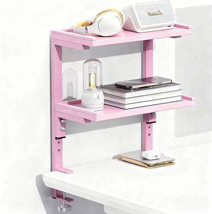 Spacrea Clamp on Desk Shelf, 2 Tier Office Desk Shelves Organizer, Wood Desktop Supplies Storage Rack, Desk Organizers and Accessories (Pink) by Spacrea