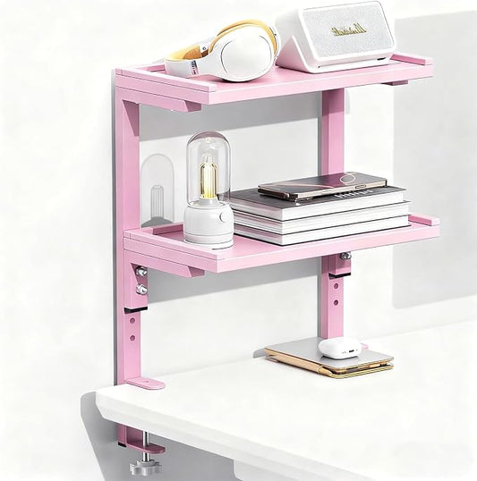 Spacrea Clamp on Desk Shelf, 2 Tier Office Desk Shelves Organizer, Wood Desktop Supplies Storage Rack, Desk Organizers and Accessories (Pink) by Spacrea