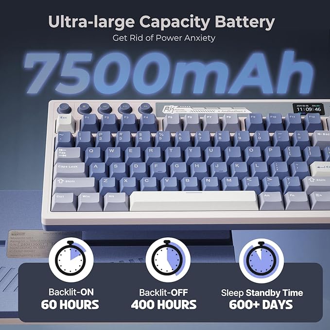 RK ROYAL KLUDGE M87 Wireless Gaming Keyboard with Screen & Dual Knobs, Blue | Bluetooth/2.4G/Wired, Hot Swappable Cream Switches, 5-Layer Noise Dampening Gasket Structure,Compact 75% Size for PC/WIN/Mac - Image 5