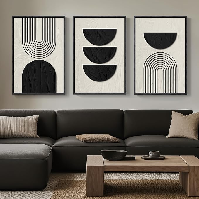 Framed Boho Wall Art for Living Room, Large 3 Piece Neutral Geometric Black and Beige Abstract Pictures Wall Art Decor, Farmhouse Vintage Artwork Home Decor for Hallway Office Guest Room 24x36 Inch - Image 2