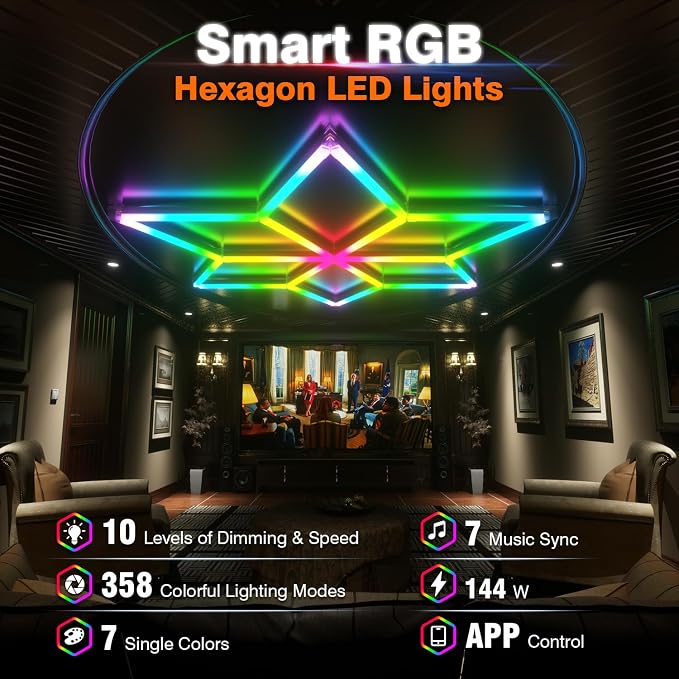 RGB Hexagon Garage Lights, Snowflake Hexagon Led Lights with Music Sync Mode, App & Remote Control RGB Ceiling Lights for Party, Gym, Studio, Gaming Room - Image 2