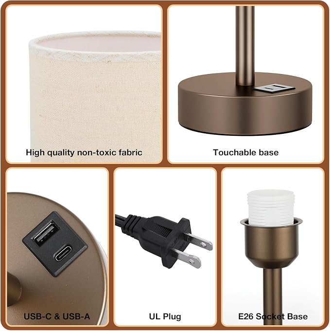 Dicoool Bedside Table Lamp for Bedroom - 3-Way Dimmable Touch Lamp, USB A+C | LED Bulb Included, 14" Small Nightstand Lamp for Desk, Living Room, Guest Room, Beige Fabric Lampshade, Brown Metal Base - Image 6