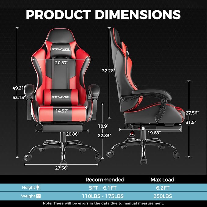 GTPLAYER Gaming Chair, Computer Chair with Footrest and Lumbar Support, Height Adjustable Game Chair with 360°-Swivel Seat and Headrest and for Office or Gaming (Faux Leather, Red) - Image 3