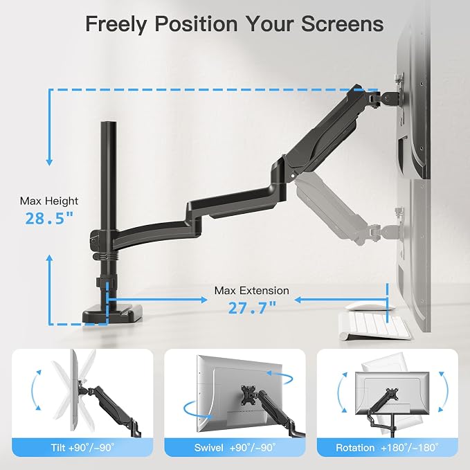 MOUNTUP 27 inch Extra Long Monitor Arm, Single Desk Mount for 22-32 inch, Tall Monitor Stand Holds 4.4-19.8lbs, Height Adjustable Monitors Stand for Desk with C-Clamp/Grommet Base, Black - Image 4