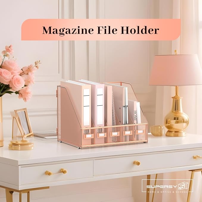SUPEASY Desk Organizers Metal Desk Magazine File Holder with 5 Vertical Compartments Rack File Organizer for Office Desktop, Home Workspace, Rose Gold, Plus - Image 2