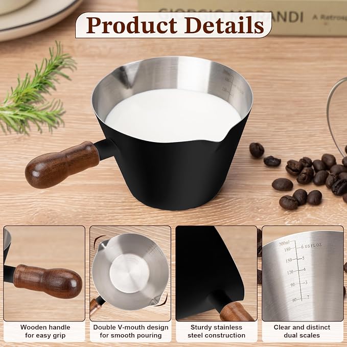 Amrules Espresso Cup, 6.8 oz/200 ml Stainless Steel Coffee Shot Measuring Cup with Wood Handle, Double V-Shaped Mouth and Clear Scale for Cappuccino Barista Coffee Bar Accessories, Black - Image 3