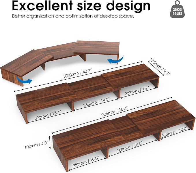 FITUEYES Dual Monitor Stand Riser, Adjustable Length and Angle, Brown | Wooden 3-Shelf Design, Supports up to 55lbs, Flexible for Standard Corner Space, Holds Monitor, Laptop, Phone, Printer - Image 3