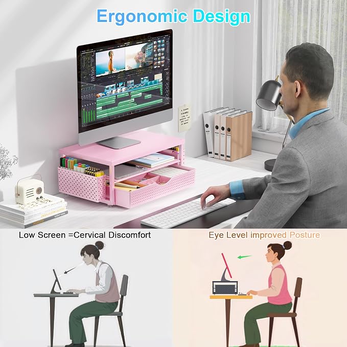 gianotter Desk Organizers and Accessories, Monitor Stand with Drawer and 2 Pen Holder, Desktop Organizer Suitable for Offices and Dormitories (Pink-Plain) - Image 3