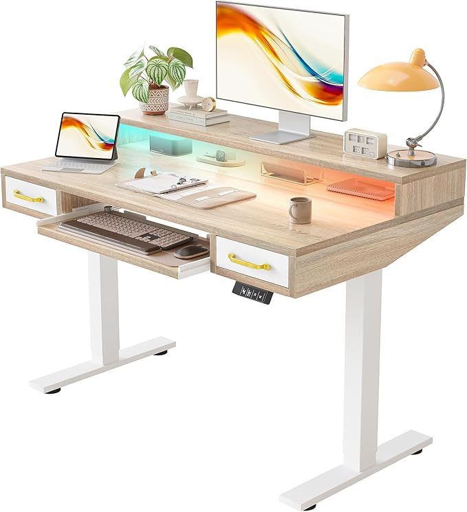 TIQLAB Standing Desk with Two Drawers, Stand Up Standing Desk Adjustable Height, Electric Sit Stand Table with Storage Shelf and Splice Board, with LED Light, 47 * 28 inch, Maple by TIQLAB