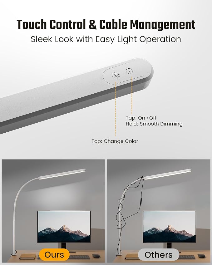 SUPERDANNY Eye-Caring LED Desk Lamp 360° Flexible Gooseneck Work Lamp with Desk Side Clamp Touch Control 3 Light Colors Smooth Dimming Task Lighting Reading Light for Home Office College Dorm, White - Image 3